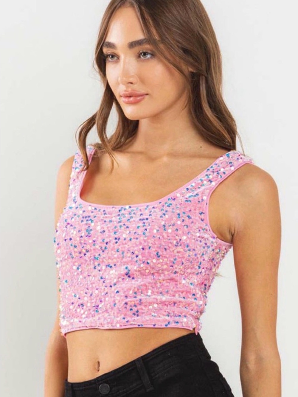 Pink Sequin Cropped Tank Top